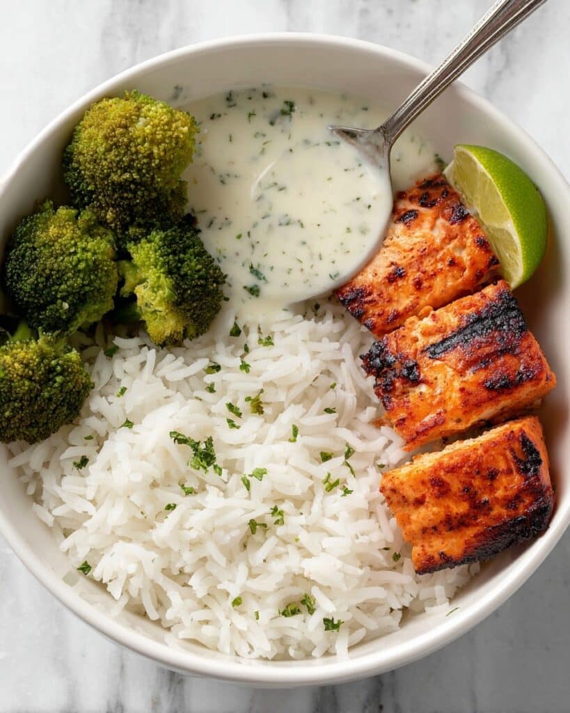 Grilled Chicken & Broccoli Bowls with Creamy Garlic Sauce Recipe