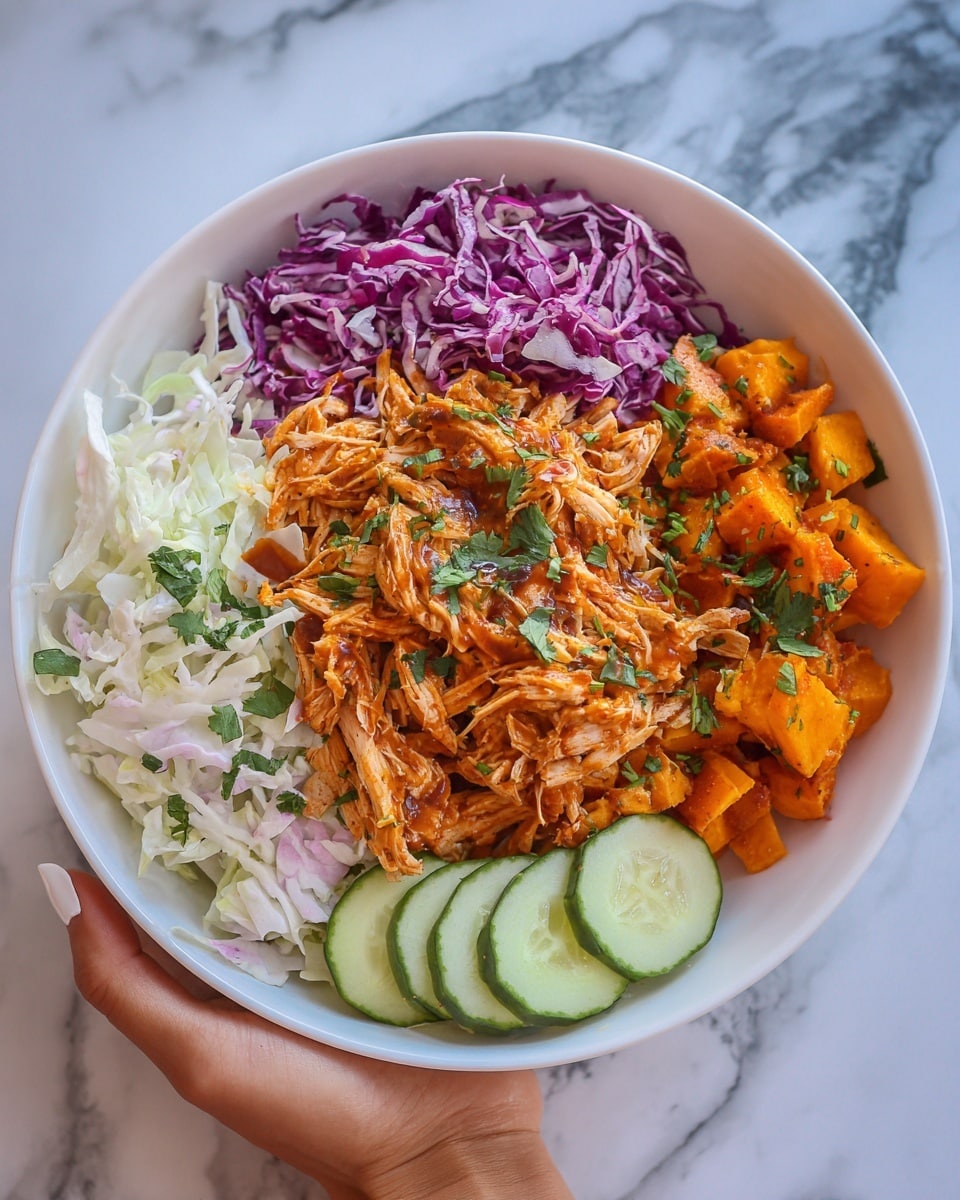 BBQ Chicken Bowls with Roasted Sweet Potatoes, Coleslaw, and Pickles Recipe - Recipe Image