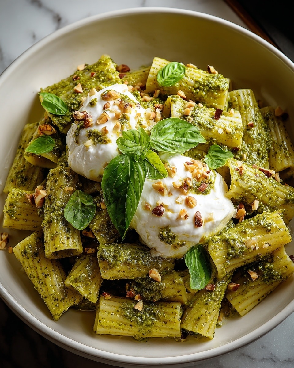Creamy One Pot Rigatoni with Basil-Pistachio Pesto & Burrata Recipe - Recipe Image