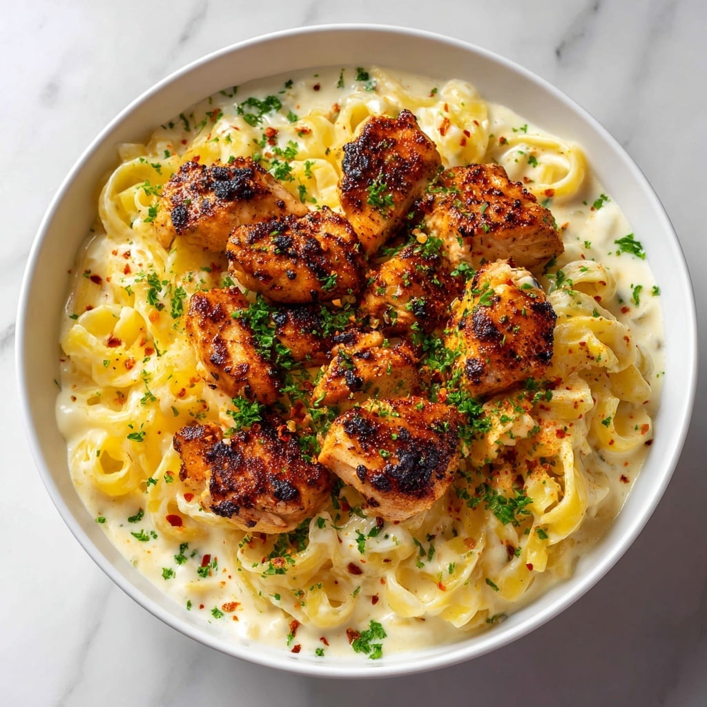 Linguine with Garlic Mozzarella Sauce and Cajun Chicken Recipe - Recipe Image