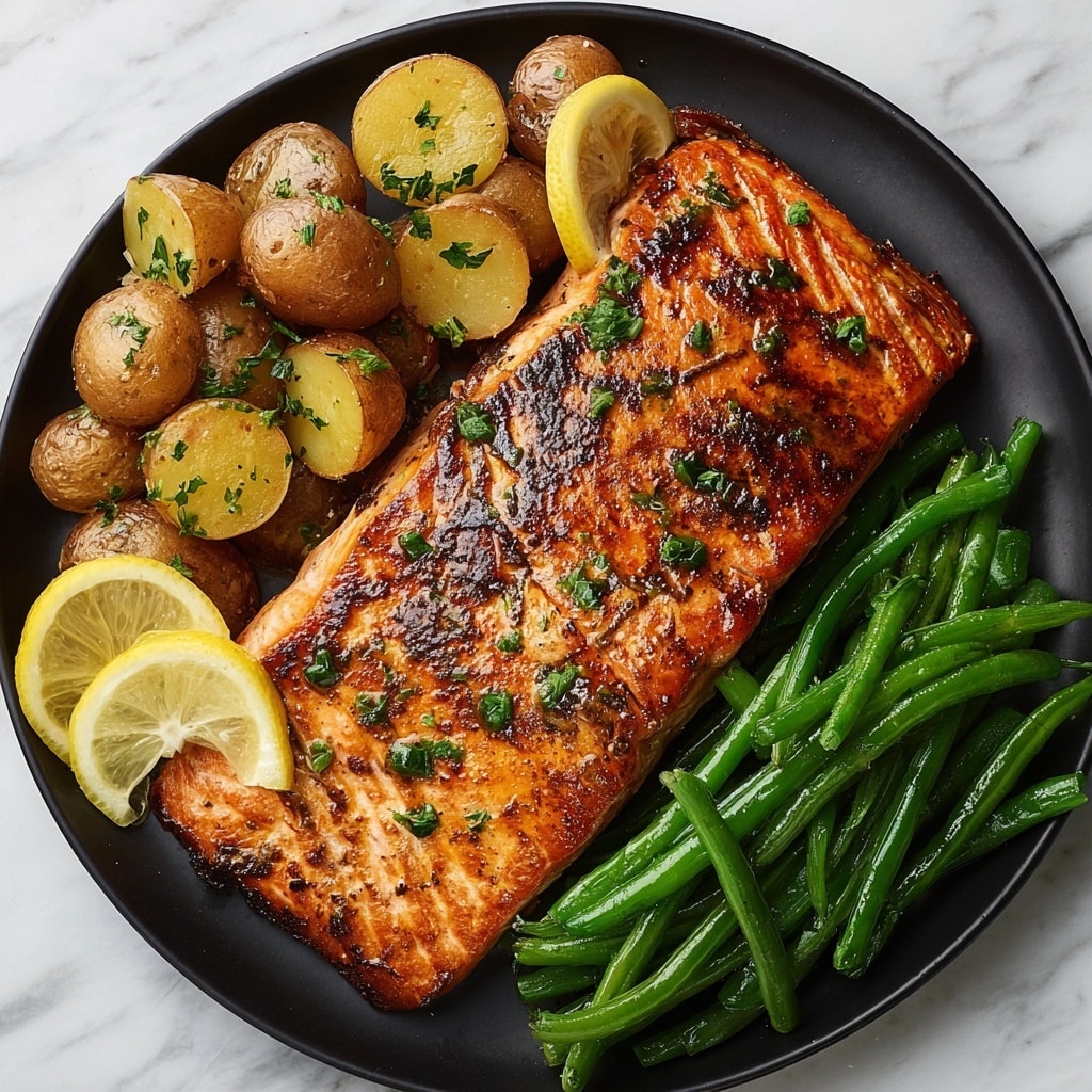 Easy Lemon Honey Salmon with Roasted Potatoes and Green Beans Recipe - Recipe Image