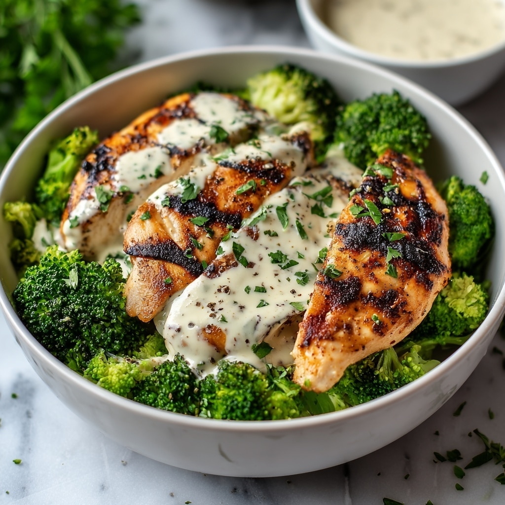 Grilled Chicken & Broccoli Bowls with Creamy Garlic Sauce Recipe - Recipe Image