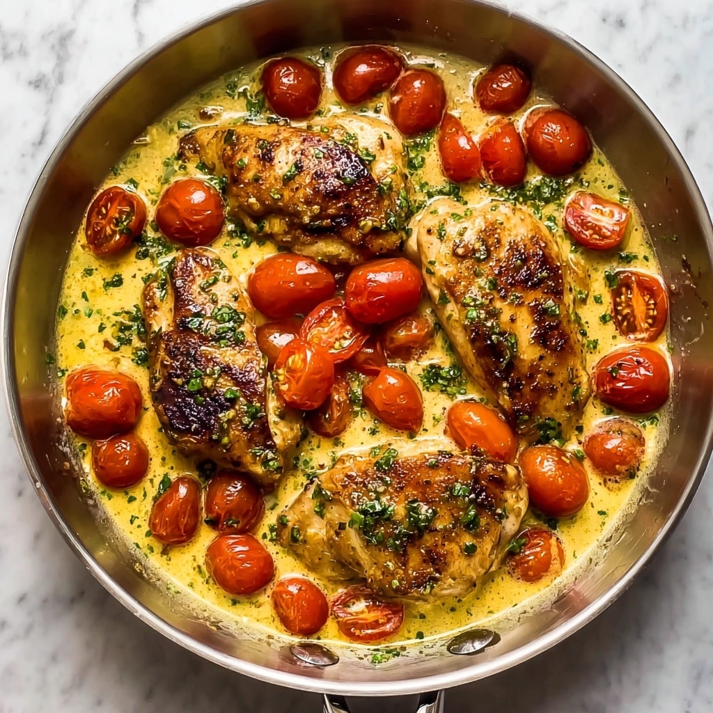 Creamy Pesto Chicken with Roasted Tomatoes Recipe - Recipe Image