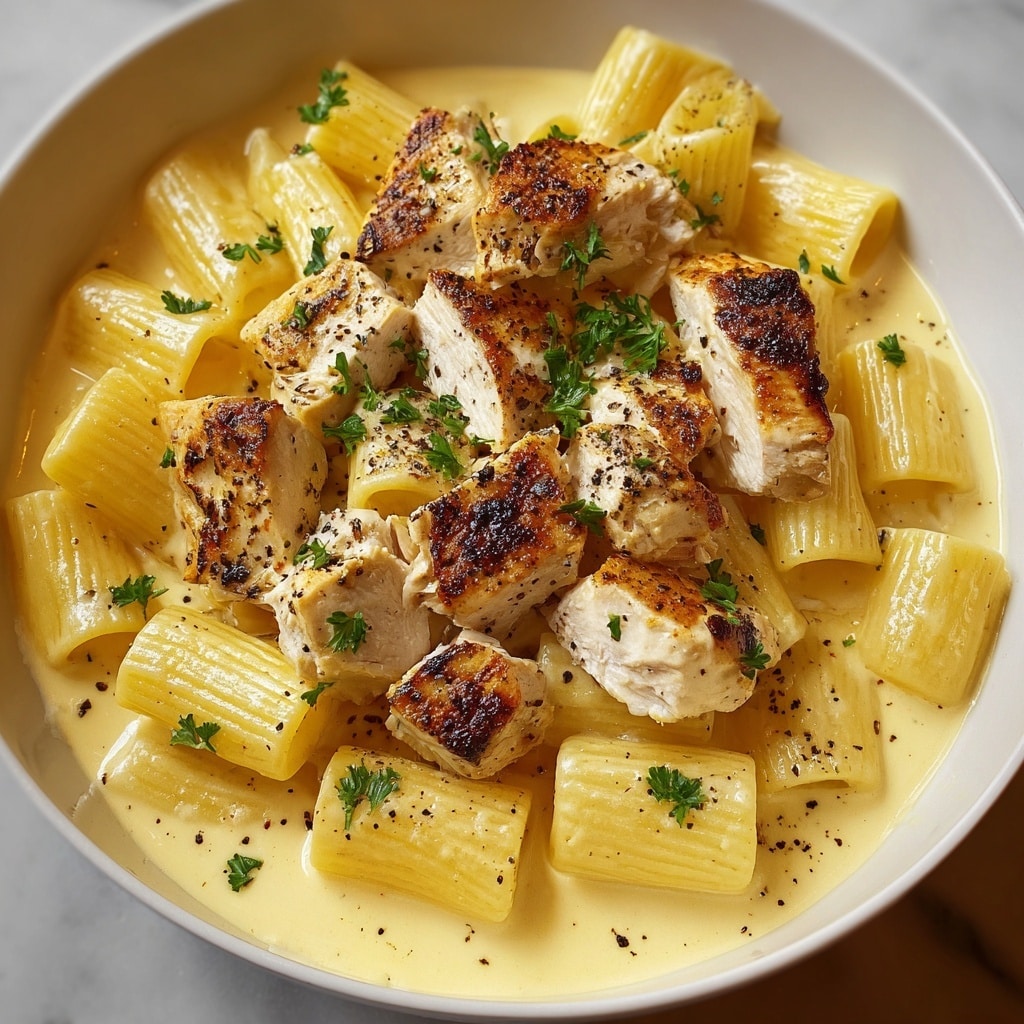 Creamy Garlic Butter Chicken and Rigatoni in Parmesan Sauce Recipe - Recipe Image