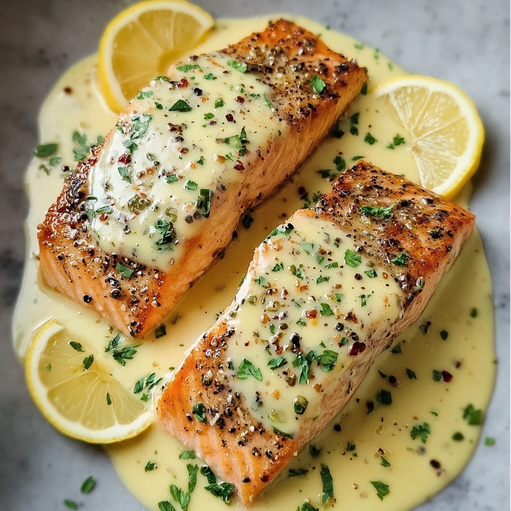Baked Salmon with Creamy Lemon Garlic Sauce Recipe - Recipe Image