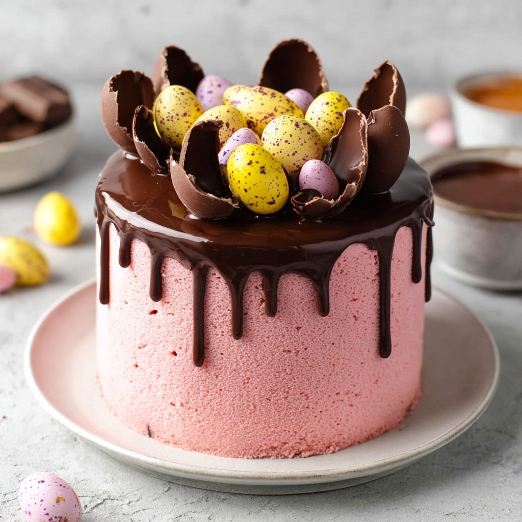 Vegan Easter Egg Cake with Strawberry Italian Meringue Buttercream and Chocolate Ganache Drip Recipe - Recipe Image