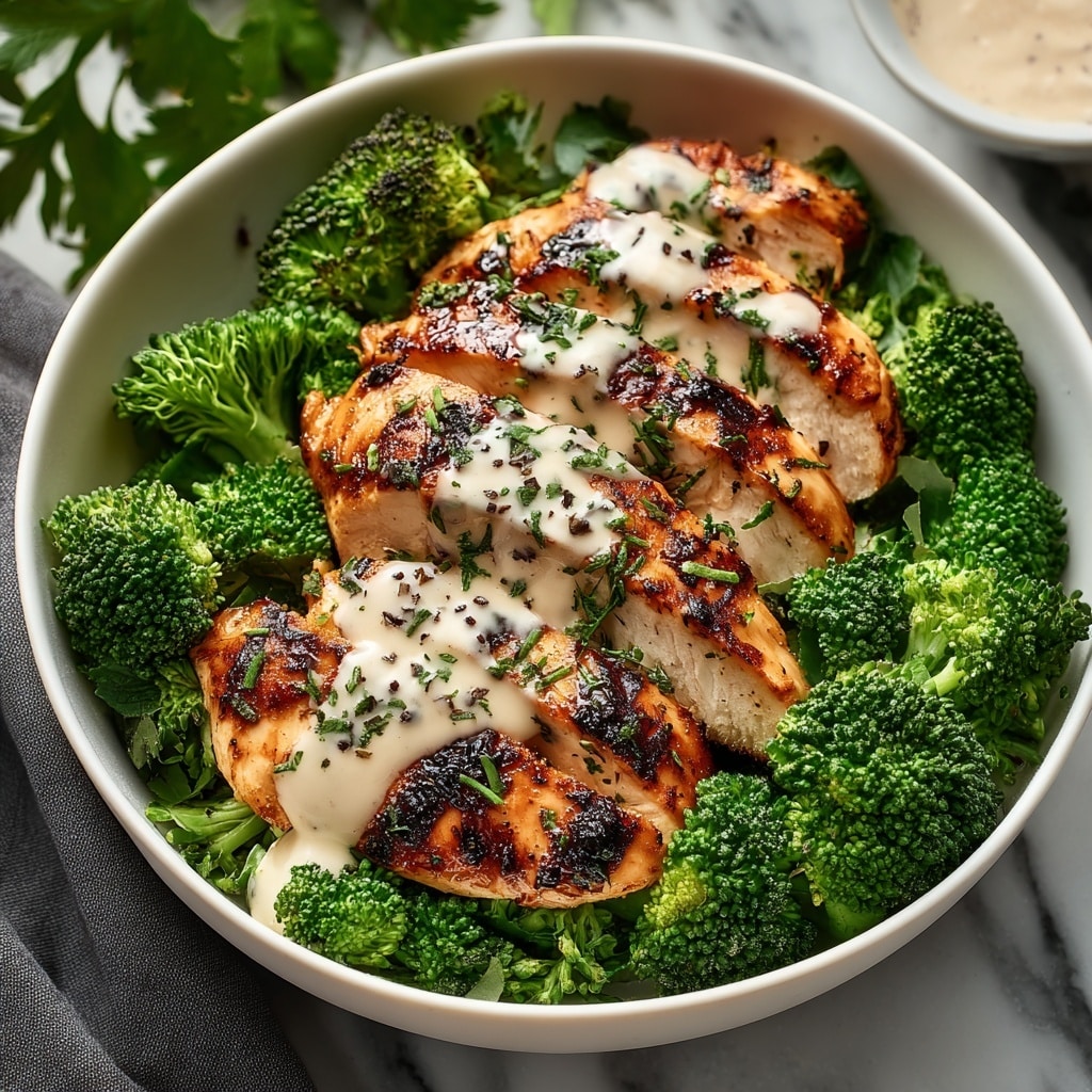 Grilled Chicken & Broccoli Bowls with Creamy Garlic Sauce Recipe - Recipe Image