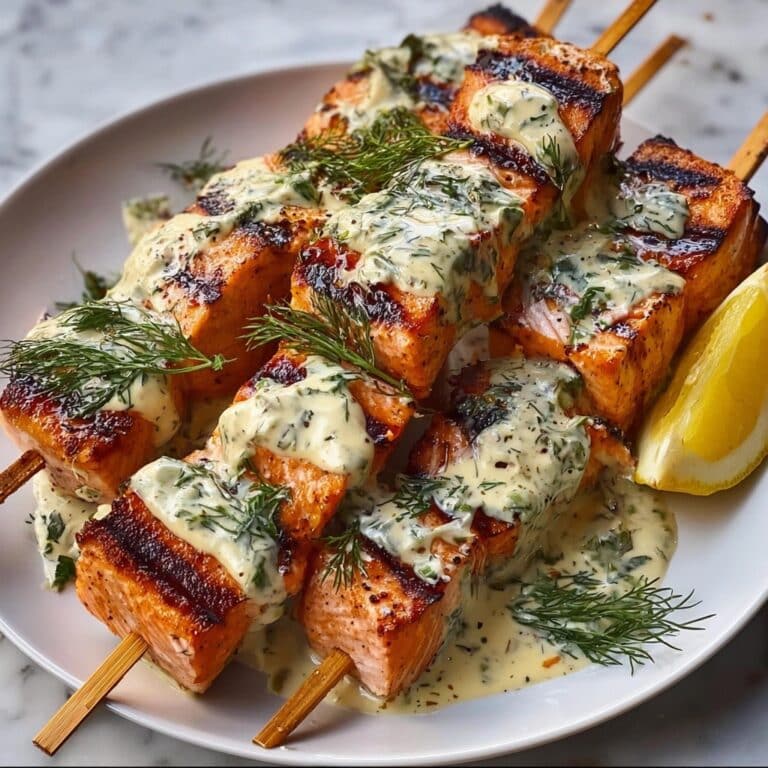 Grilled Salmon Skewers with Creamy Dill Yogurt Sauce Recipe