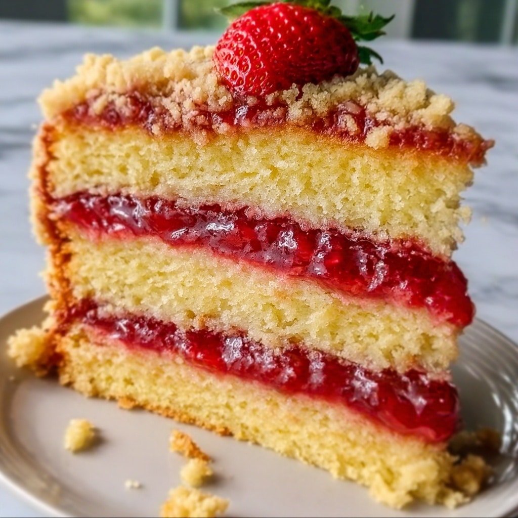 Strawberry Lemon Crunch Cake Slice with Strawberry Red Cream Cheese Recipe - Recipe Image