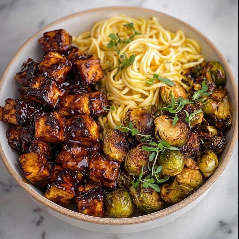 Pan-Fried Sticky Garlic Tofu with Oven-Roasted Brussels Sprouts Recipe