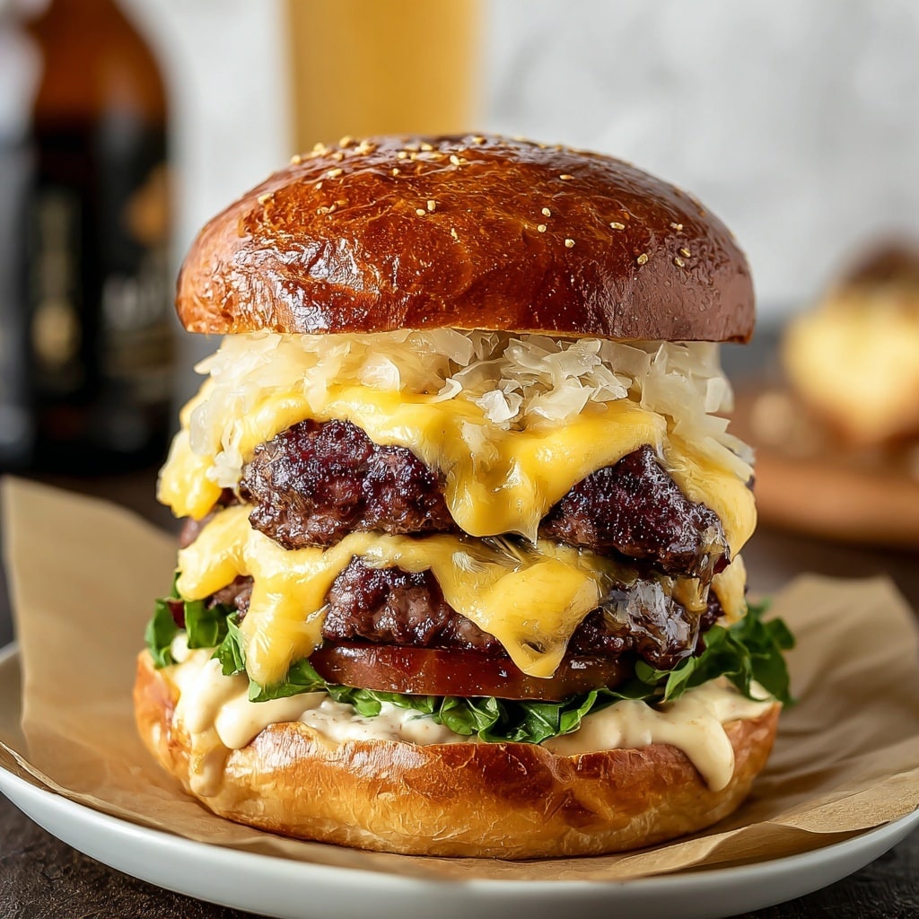 Corned Beef Burgers with Irish Cheddar and Sauerkraut Recipe - Recipe Image