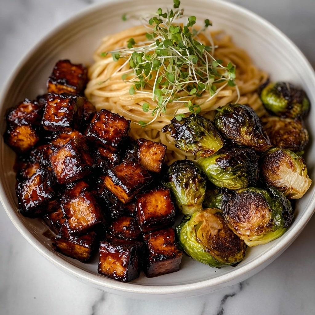 Pan-Fried Sticky Garlic Tofu with Oven-Roasted Brussels Sprouts Recipe - Recipe Image