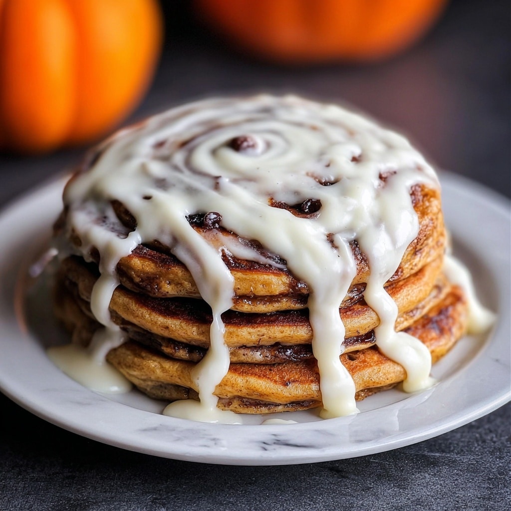 Pumpkin Cinnamon Roll Pancakes with Cream Cheese Glaze Recipe - Recipe Image