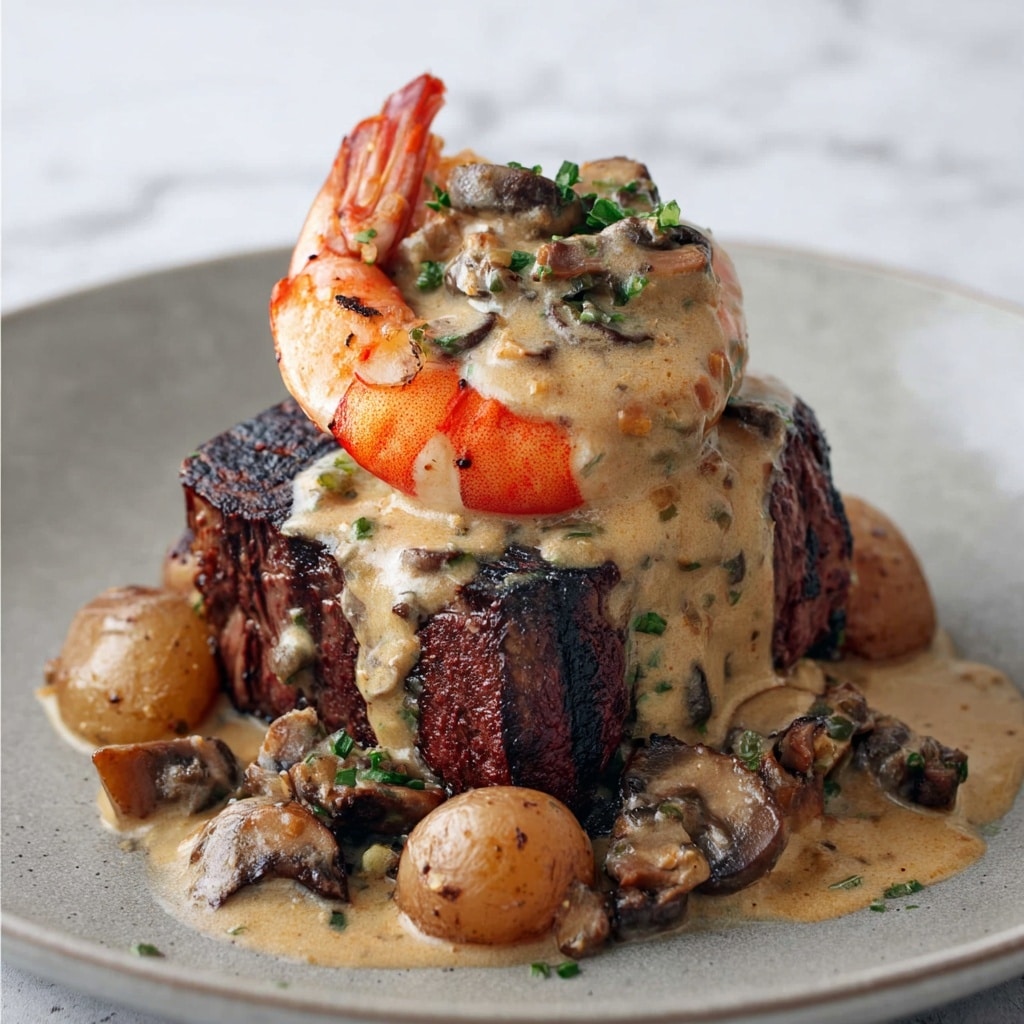 Surf and Turf with Creamy Mushroom Thyme Sauce and Poached Lobster Recipe - Recipe Image