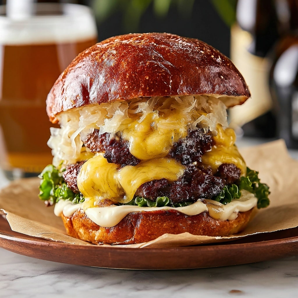 Corned Beef Burgers with Irish Cheddar and Sauerkraut Recipe - Recipe Image