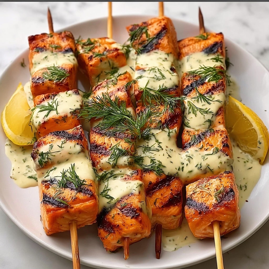 Grilled Salmon Skewers with Creamy Dill Yogurt Sauce Recipe - Recipe Image