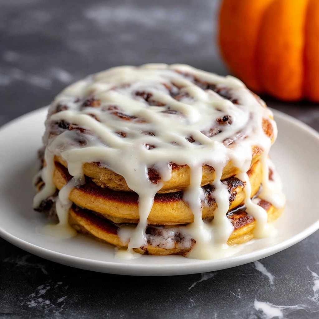 Pumpkin Cinnamon Roll Pancakes with Cream Cheese Glaze Recipe - Recipe Image