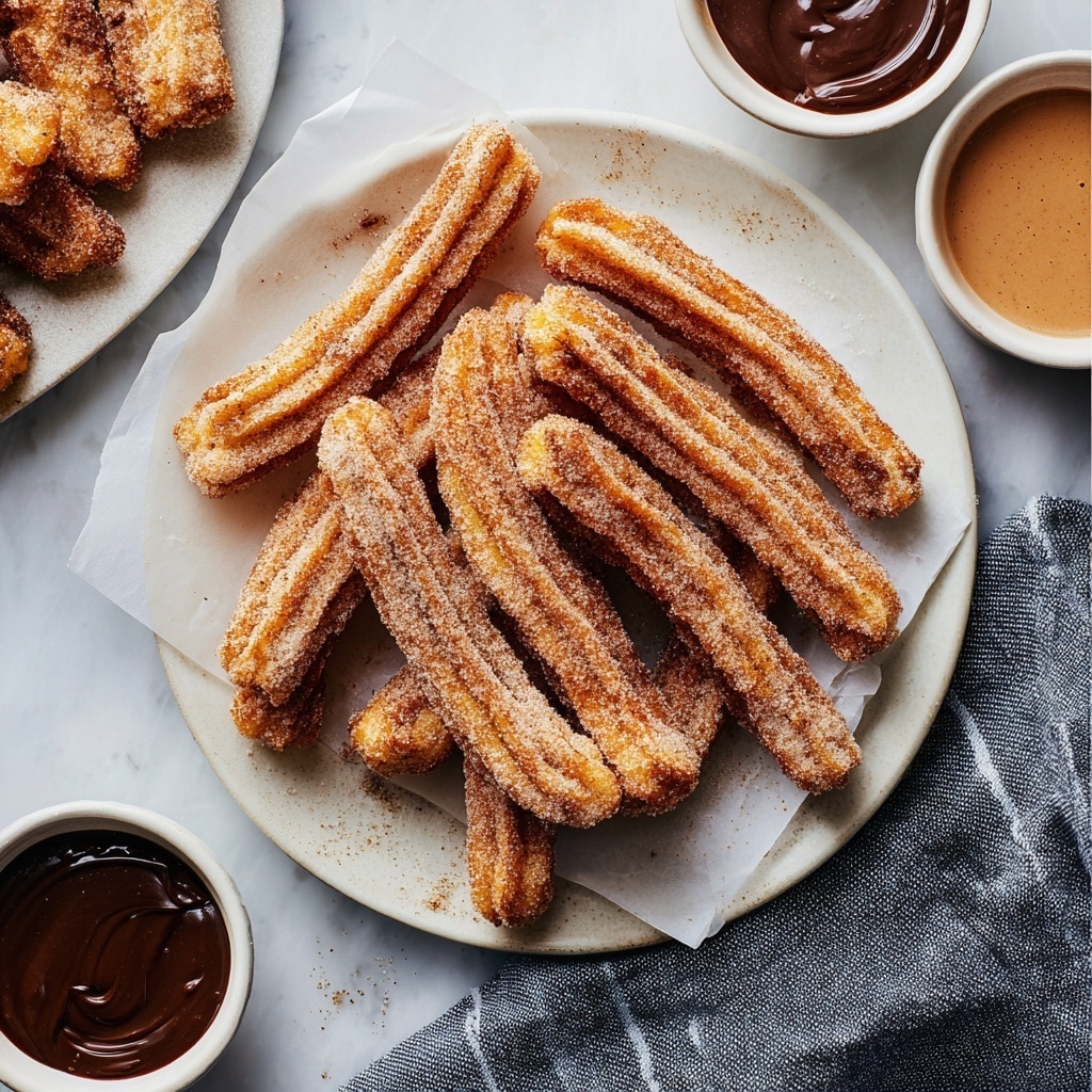 Classic Cinnamon Sugar Churros with Dulce de Leche and Chocolate Sauces Recipe - Recipe Image