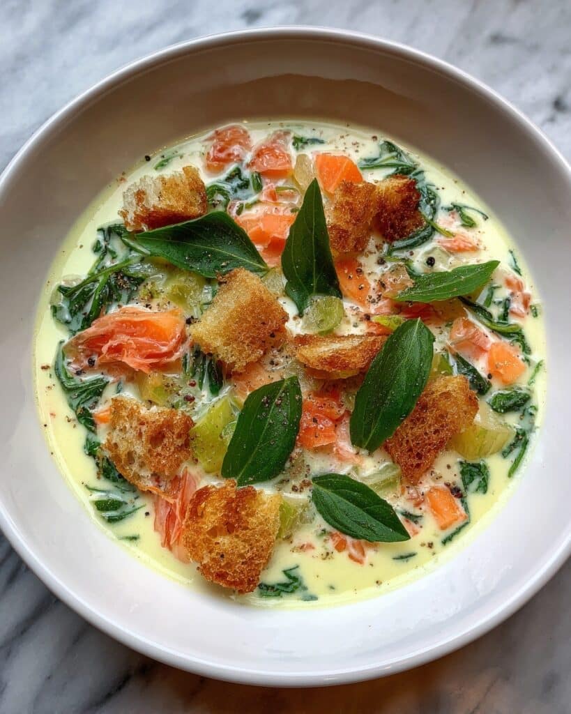 Creamy Vegetable Soup with Homemade Croutons Recipe