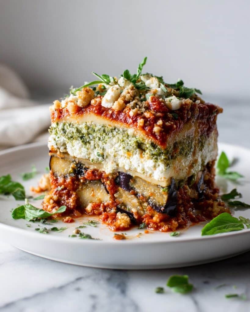 Eggplant Lasagna with Spinach, Ricotta, and Arugula Almond Pesto Recipe