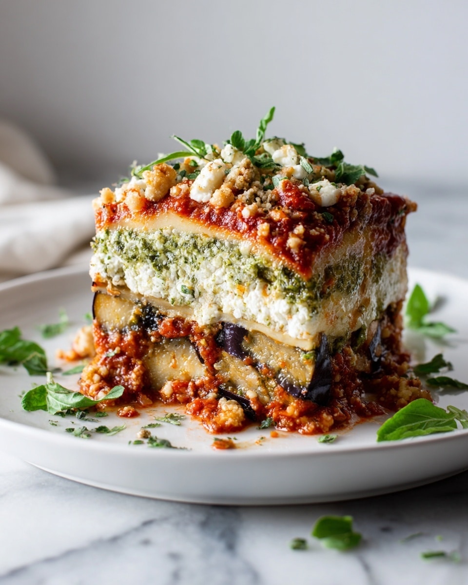 Eggplant Lasagna with Spinach, Ricotta, and Arugula Almond Pesto Recipe