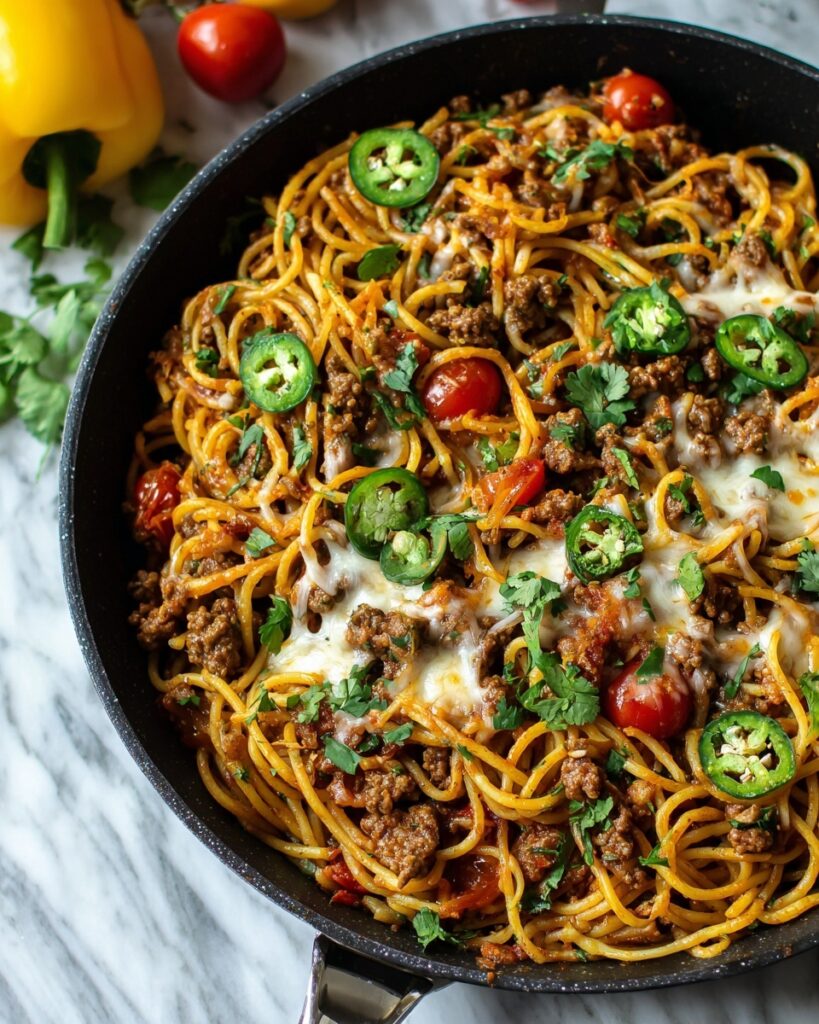Cheesy Taco Salsa Spaghetti Bake Recipe
