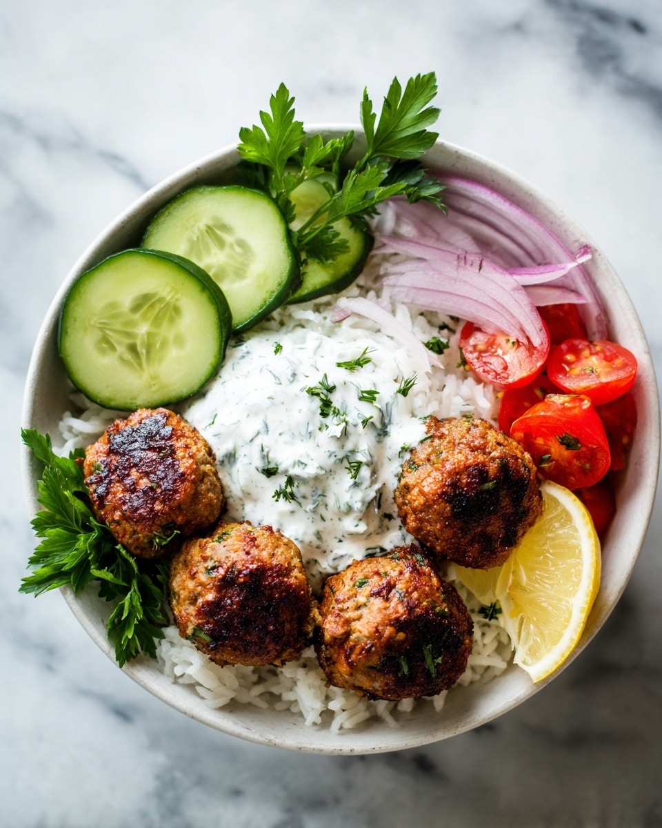 Greek Meatball Bowl with Tzatziki, Rice & Fresh Veggies Recipe
