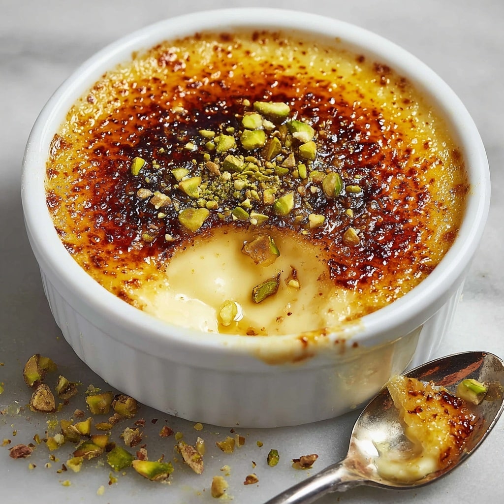 White Chocolate Lavender Brûlée with Pistachio Crunch Recipe - Recipe Image