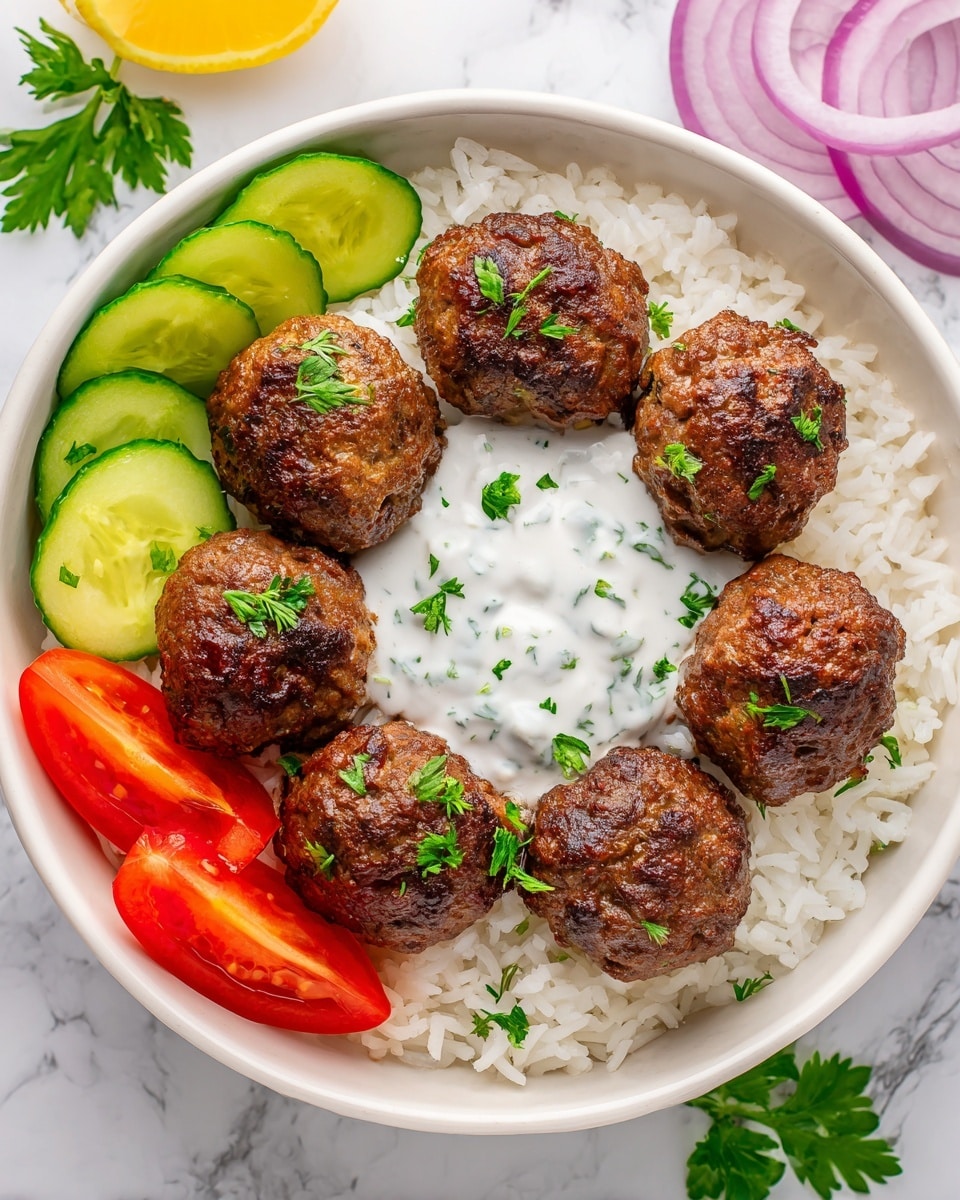 Greek Meatball Bowl with Tzatziki, Rice & Fresh Veggies Recipe - Recipe Image