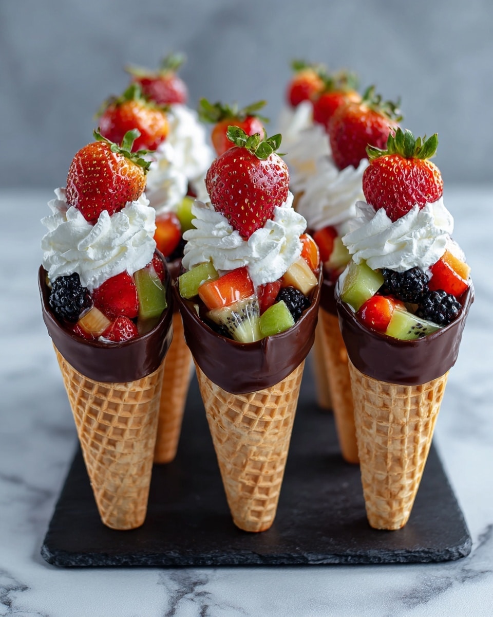 Chocolate Dipped Fruit Filled Cones Recipe - Recipe Image