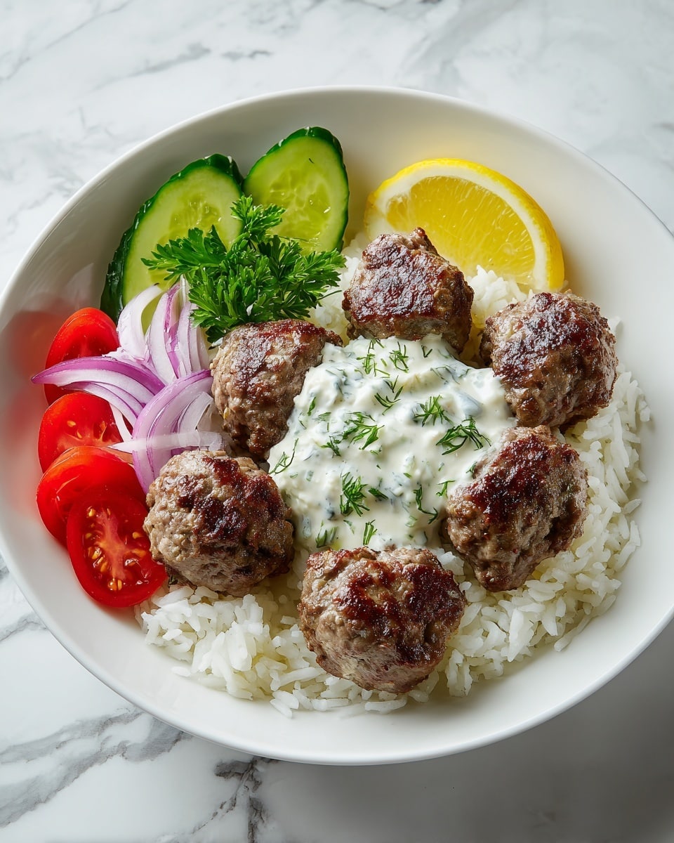 Greek Meatball Bowl with Tzatziki, Rice & Fresh Veggies Recipe - Recipe Image